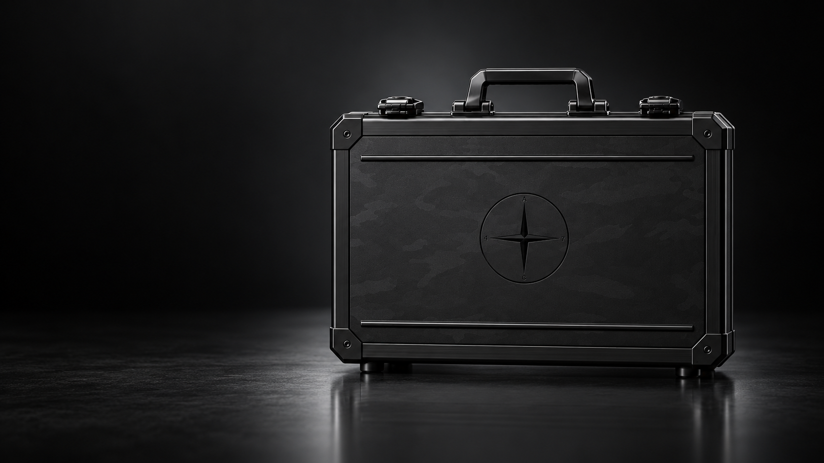 AC47 Case 02 in black, front view, on a dark studio floor.