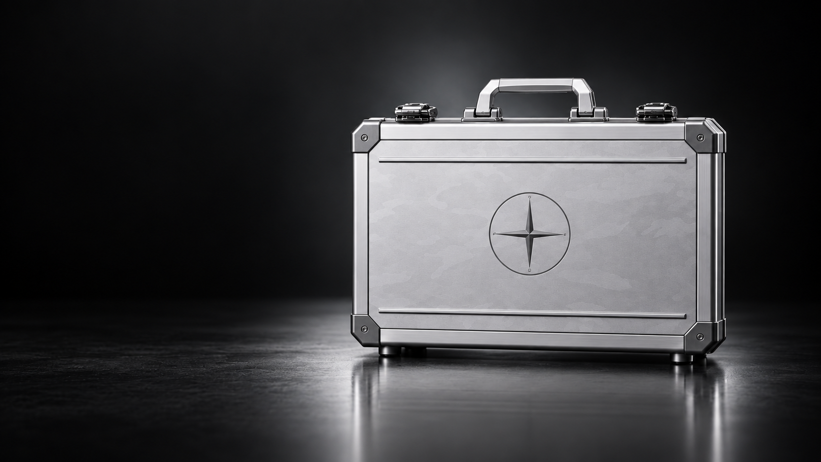 AC47 Case 01 in silver, front view, on a dark studio floor.