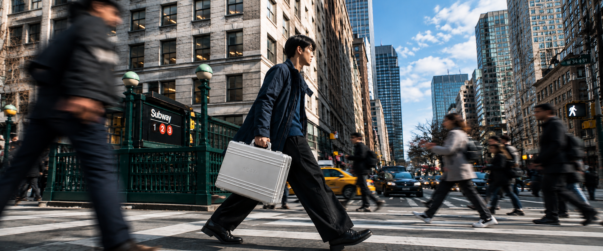 A man in a navy coat carries the silver AC47 Case, marked AC47+, across a city crosswalk past a subway entrance, with blurred pedestrians, a taxi and towers behind him.