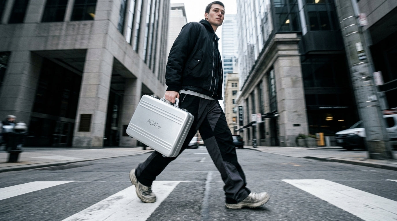 A man in a black jacket crosses a city street carrying a silver AC47 Case marked AC47+.